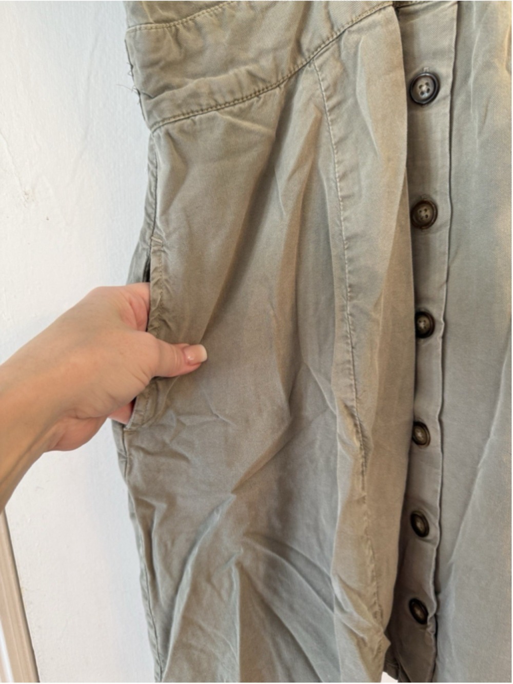 Quince Vintage Wash Button Down Mini Dress M Tencel Olive Green Nature Utility - Picture 10 of 11